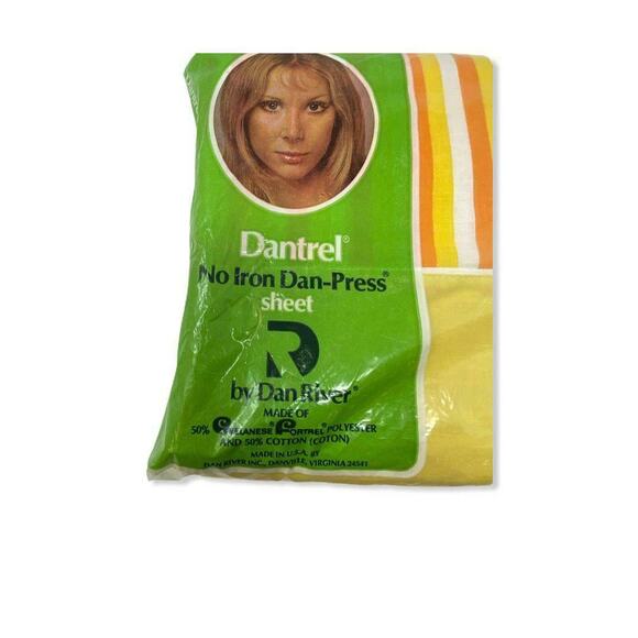 New Vintage Deadstock Dan River “Dantrel” Double Flat Sheet Orange Yellow Stripe - Picture 2 of 5